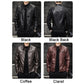 Washed PU biker leather jacket in black, coffee, and claret, front and back views