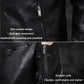 Washed PU biker jacket close-up: side pocket zipper and straight cuff details