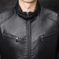 Men's washed PU padded motorbike leather jacket, black, zip front with chest zippers