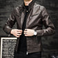 Men's washed PU padded motorbike leather jacket, dark brown, front zip and slant pockets