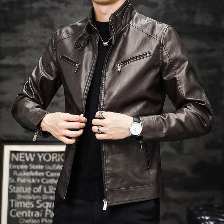 Men's washed PU padded motorbike leather jacket, dark brown, front zip and slant pockets