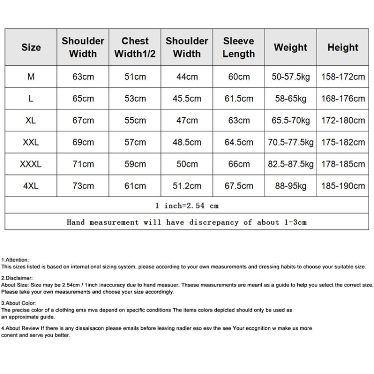 Jacket size chart table with shoulder, chest, sleeve length, weight, and height measurements