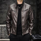 Men's washed PU biker leather jacket, black, zip-front with angled chest pocket zippers