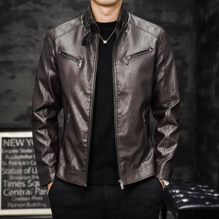Men's washed PU biker leather jacket, black, full zip closure with front zipper pockets