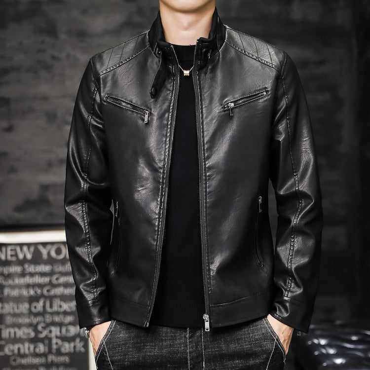 Men's black PU moto jacket with stand collar, front zip, angled zip chest pockets