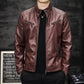 Men's washed PU biker leather jacket, claret, stand collar and silver zip-front