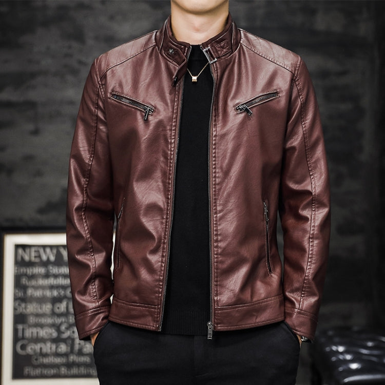 Men's washed PU biker leather jacket, claret, stand collar and silver zip-front