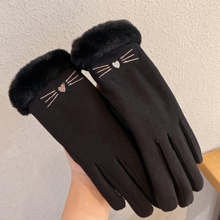 Pair of black plush winter gloves with cat face embroidery and touch screen tips