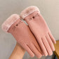 Pair of pink plush winter gloves with cat face embroidery and touchscreen fingertips