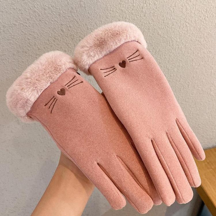 Pair of pink plush winter gloves with cat face embroidery and touchscreen fingertips