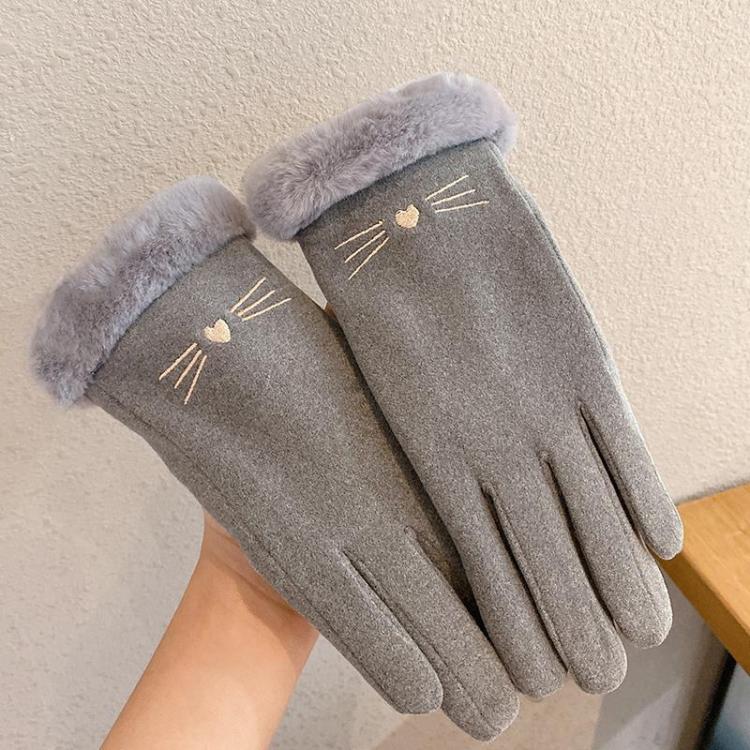 Pair of gray plush winter gloves with cat face embroidery and touchscreen fingertips