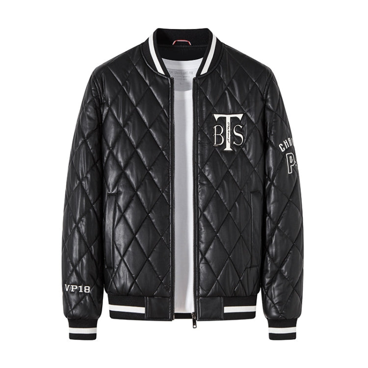 Black quilted baseball jacket with ribbed trim, full front zipper, BTS chest patch