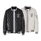 Black and white quilted baseball jackets, each with full-zip front and striped ribbed trims