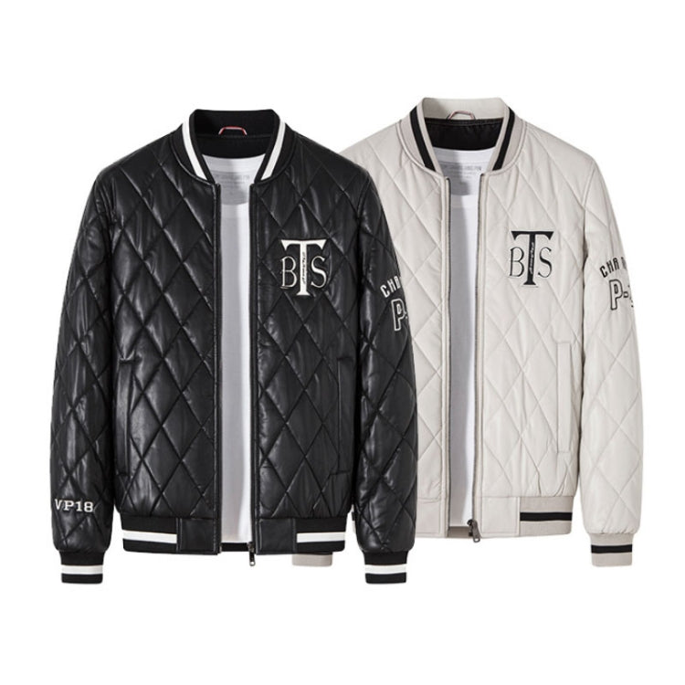 Black and white quilted baseball jackets, each with full-zip front and striped ribbed trims