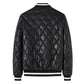 Black quilted faux leather baseball jacket back view with ribbed hem and striped collar