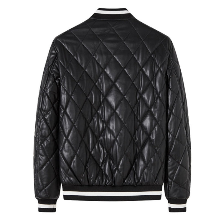 Black quilted faux leather baseball jacket back view with ribbed hem and striped collar