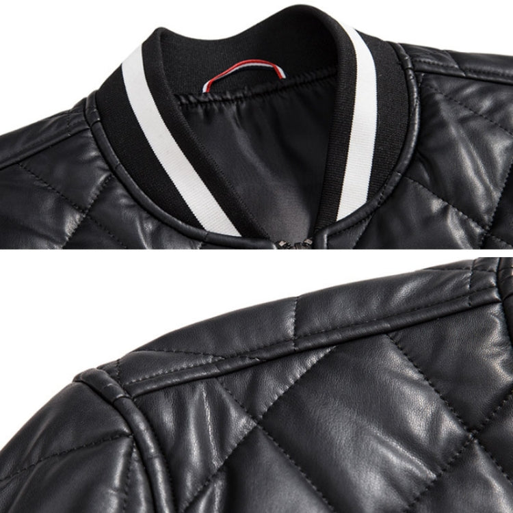 Close-up of black quilted baseball jacket collar and shoulder seam details