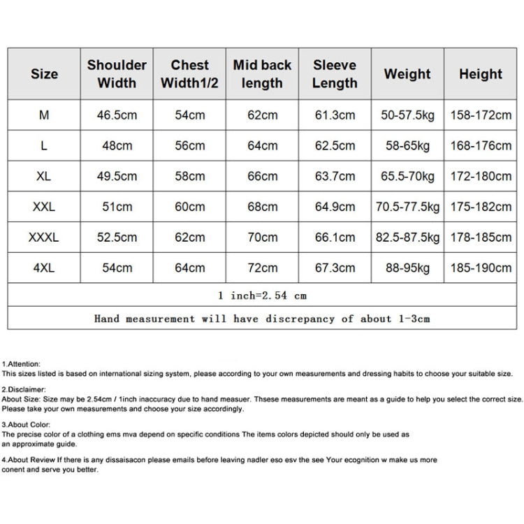 Jacket size chart table with shoulder, chest, and sleeve length measurements by size