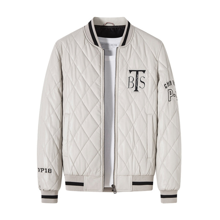 White quilted PU baseball jacket with stand collar, ribbed cuffs, BTS chest emblem