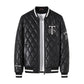 Black quilted PU jacket with long sleeves, BTS chest logo and small sleeve text patch