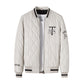 White quilted cotton baseball jacket with full-zip front, striped ribbed collar and cuffs