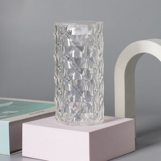 Faceted silver crystal LED bedside lamp with cylindrical shade