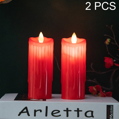 Set of 2 red LED flameless candles with glowing wick tips, cylindrical drip-style texture.