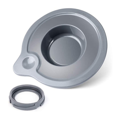 Gray bowl seal lid with pour-spout opening and included rubber gasket for stand mixer
