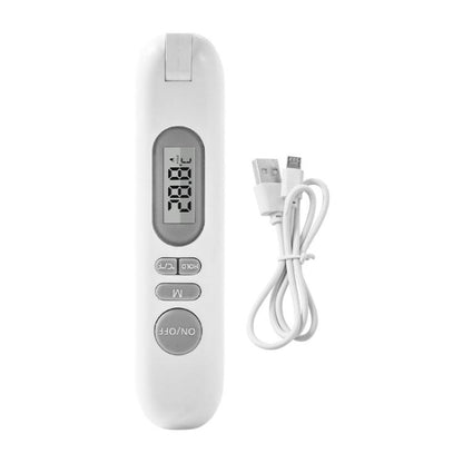 White folding digital food thermometer with LCD screen and probe, USB cable included