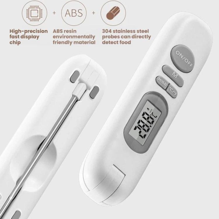 White digital food thermometer with folding probe and LCD temperature display