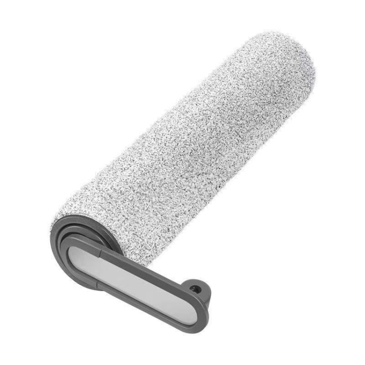 Roll brush roller head with gray textured surface and black plastic frame