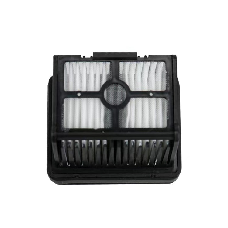 Vacuum filter with white pleated media in a black frame