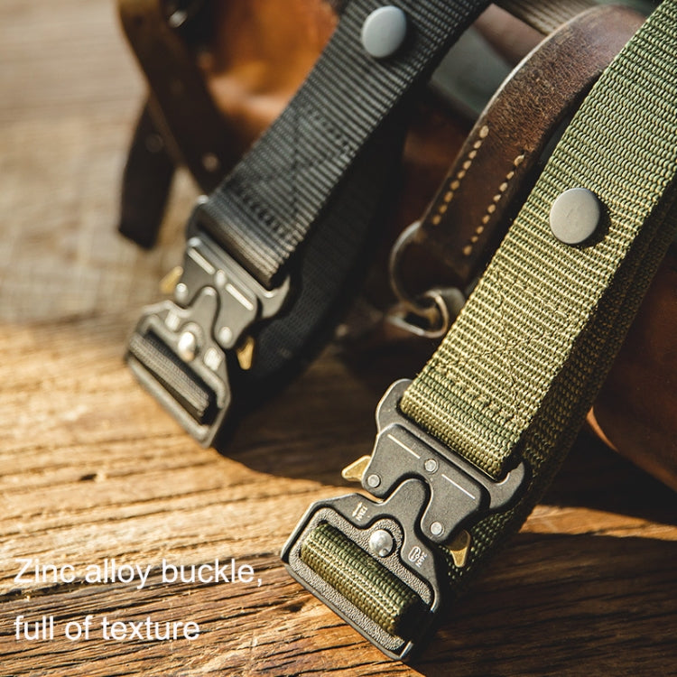 Close-up of woven belt with zinc-alloy buckle and textured fabric strap