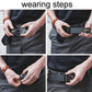 Adjustable belt being tightened, showing black strap and metal buckle