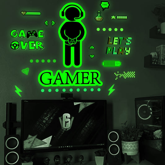 Luminous gaming wall sticker set with green glow gamer figure and Game Over text