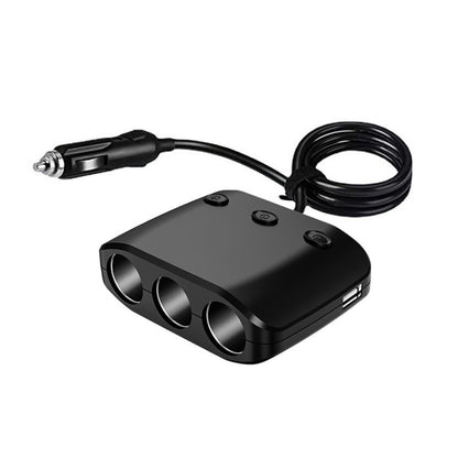 Black 3-in-1 car cigarette lighter splitter with dual USB ports and long power cord