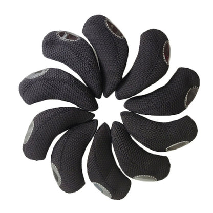 Black neoprene golf club head covers, set of 10, with open club-top design
