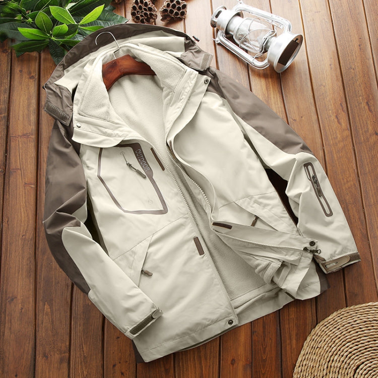 Men's ivory white fleece-lined outdoor jacket with hood, zip front, and multiple pockets