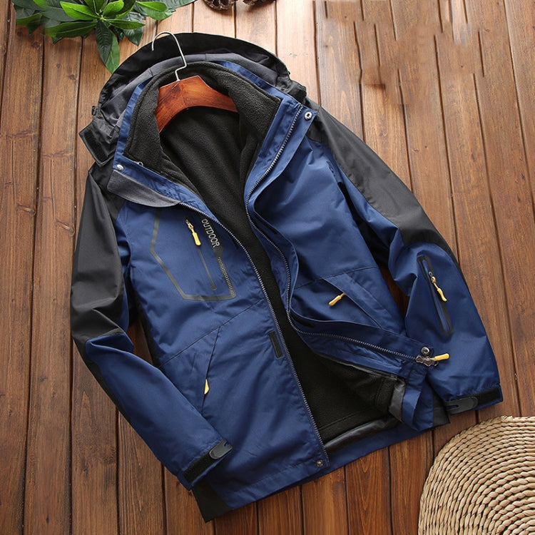 Men's blue winter jacket with hood and fleece inner lining, side pockets, and zip front