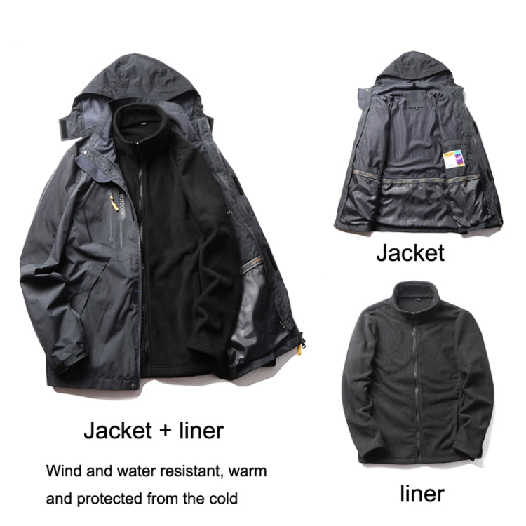 Men's fleece-lined jacket with hood, front zipper, and dark lining, shown open
