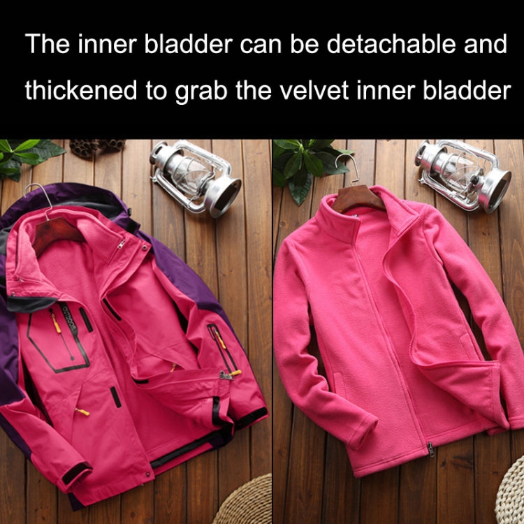 Men's fleece jacket with hood and front zipper, shown in pink and purple