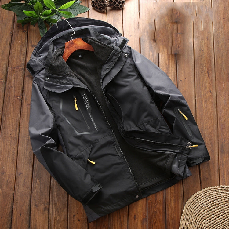 Men's black hooded outdoor jacket with fleece lining, front zipper, and zip pockets