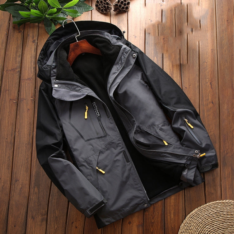 Men's fleece-lined outdoor jacket, dark shell with zip front and inner hood lining