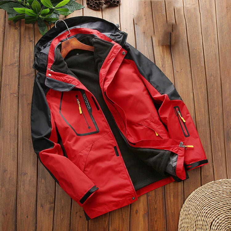 Men's winter jacket in red and black, zip front, standing collar, zipper pockets