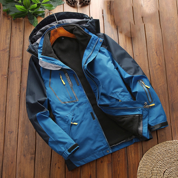 Men's fleece-lined hiking jacket, bright blue and black, hood and multiple zip pockets