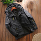 Men's black fleece-lined jacket with hood, front zipper, and adjustable cuffs