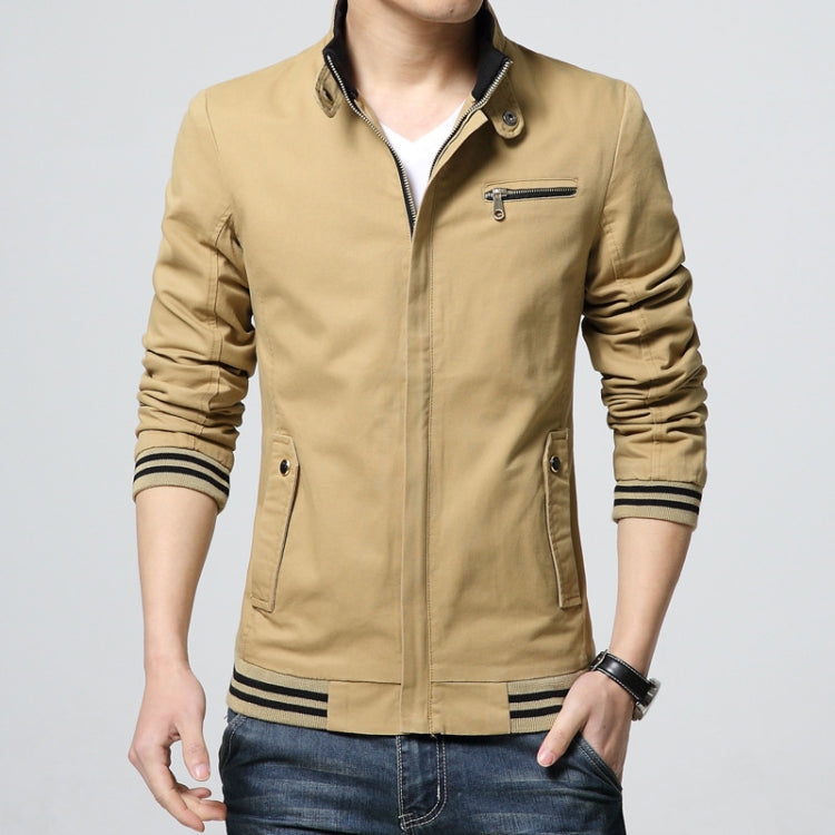 Men's casual khaki jacket with stand collar, zip front, striped cuffs and hem.