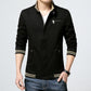 Men's casual black jacket with stand collar, zip front, and striped cuffs and hem.