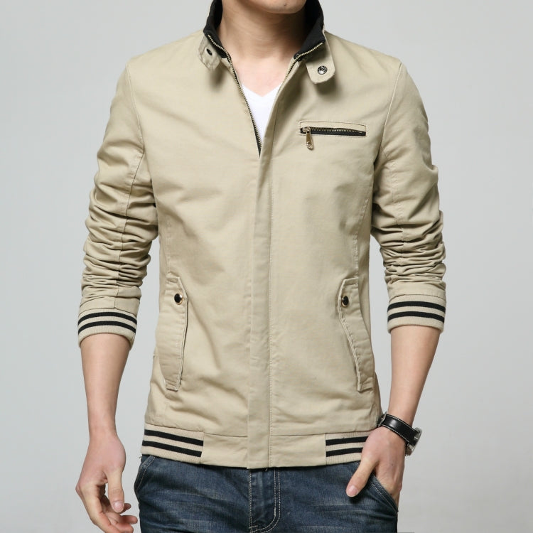 Men's casual jacket, light khaki, zip-front with striped ribbed cuffs and hem