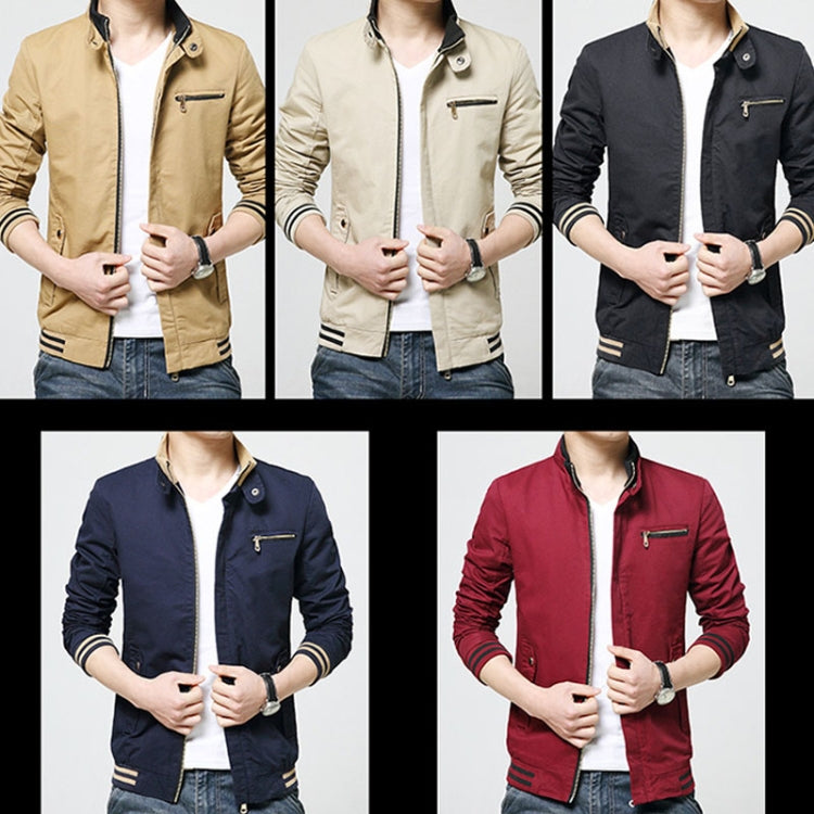 Men's casual jacket in multiple colors, front view with stand collar and zipper pockets